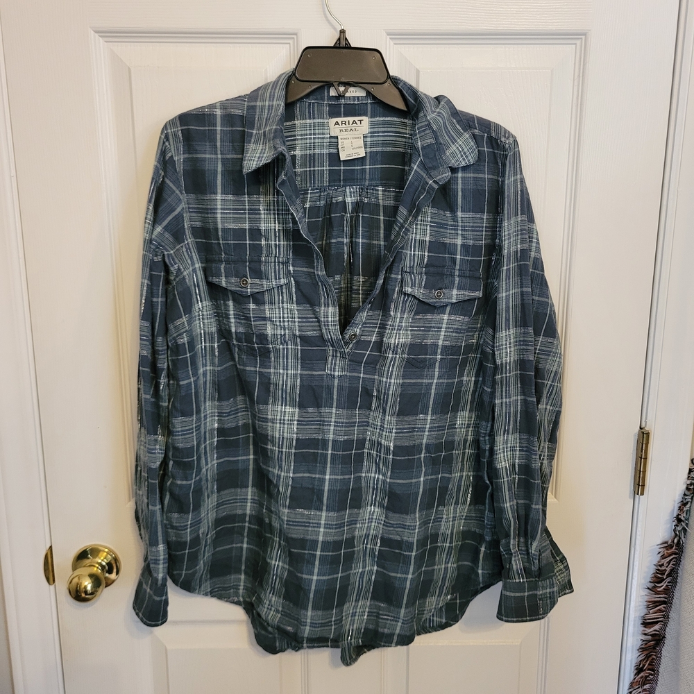 Ariat REAL Billy Jean Relaxed Fit Shirt Womens Long Sleeve Large Blue Plaid